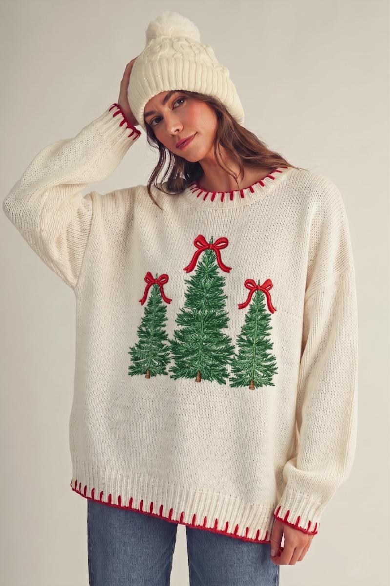 Christmas Trees Stitched Loose Fit Sweater