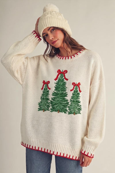 Christmas Trees Stitched Loose Fit Sweater