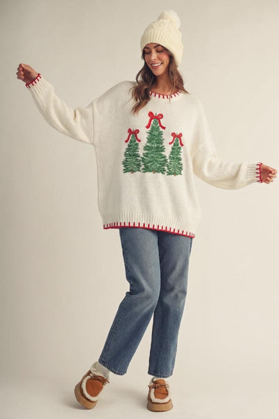 Christmas Trees Stitched Loose Fit Sweater