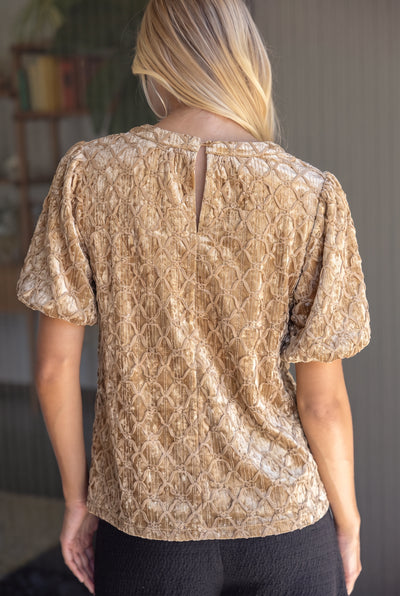 Trellis Trimmed Crushed Velvet Bubble Sleeve Top