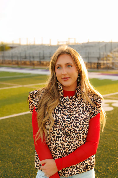 Caldwell Leopard Ruffle Sleeve Puffer Vest