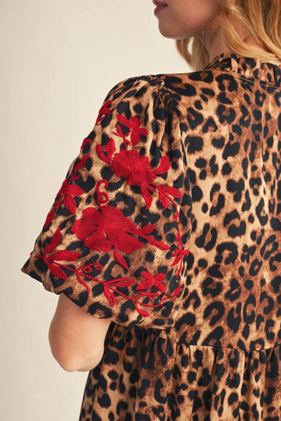 Ellison Leopard V Neck Tiered Dress With Embroidered Sleeves