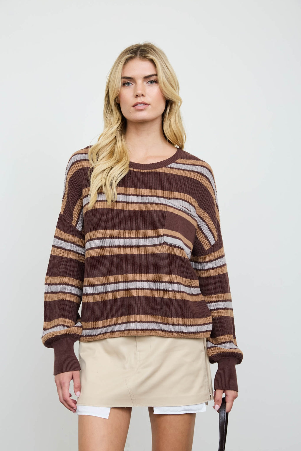 Stripe Raw Edge Cropped Long Sleeve Knit Sweater