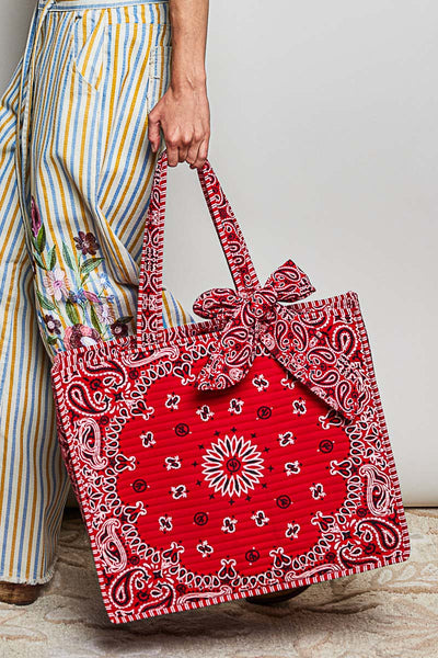 Quilted Bandana Paisley Striped Trim Oversized Tote Bag