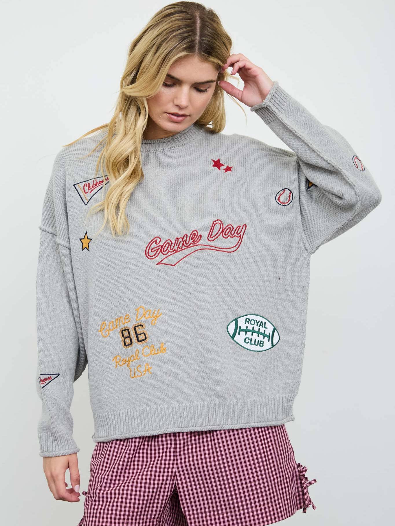 Game Day Embroidered Crew Neck Knit Sweater