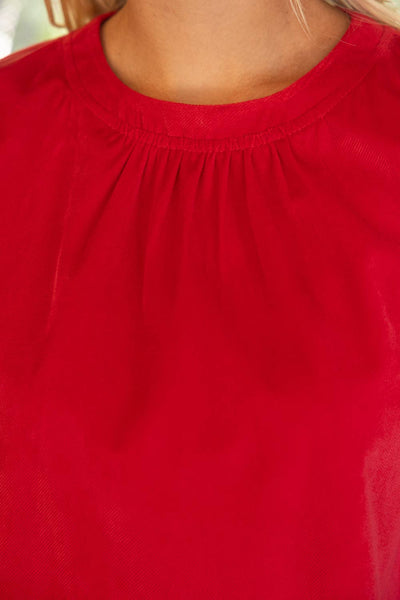 37225 Scalloped Hemline Bubble Sleeve Solid Corduroy Top