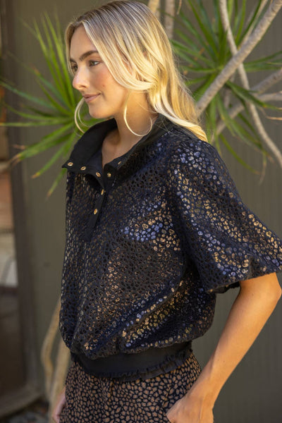 37329 Metallic Animal Print Snap Button Up Top