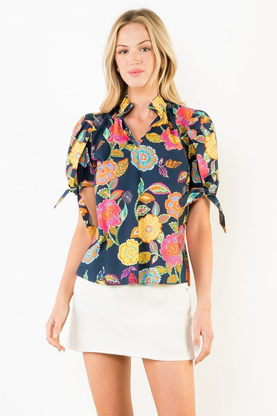 Short Sleeve Floral Pattern V-neck Top