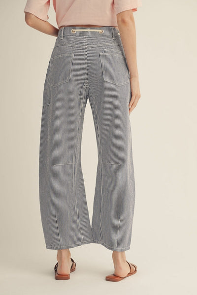 model wearing denim striped pants
