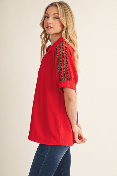 Lucinda Short Sleeve V Neck Top With Leopard Shoulder Detail