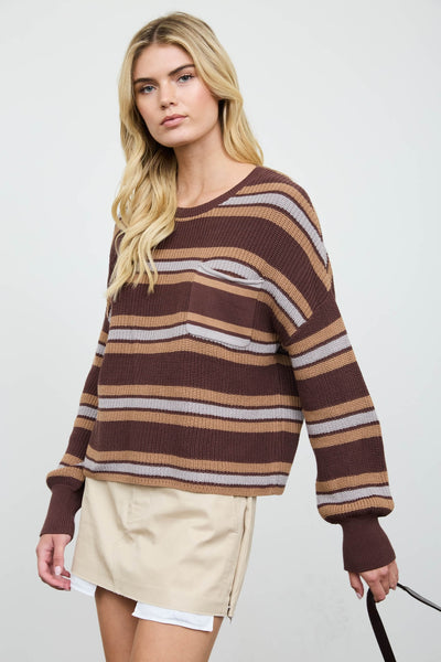 Stripe Raw Edge Cropped Long Sleeve Knit Sweater