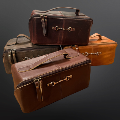 Equestrian Toiletry Bag Distressed Oily Leather Snaffle Bit: Newmarket Brown