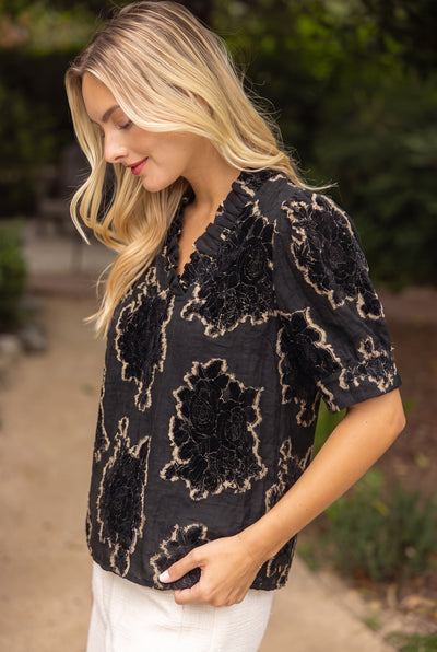 Black Textured Ruffle V Neck Blouse