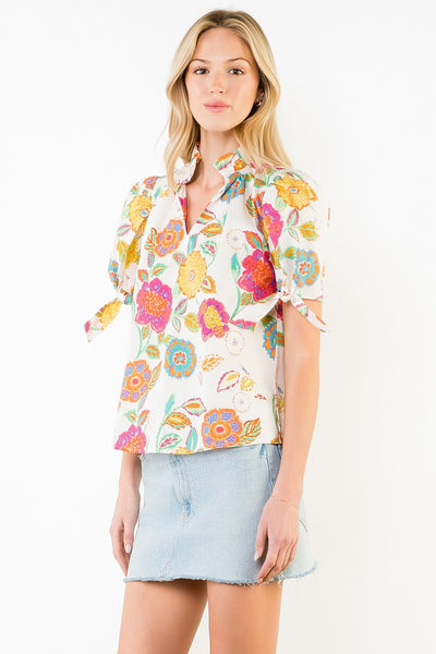 Short Sleeve Floral Pattern V-neck Top
