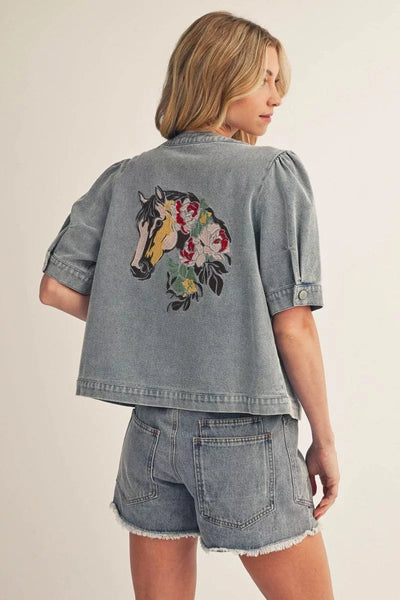 Embroidered Horse Denim Short Sleeve