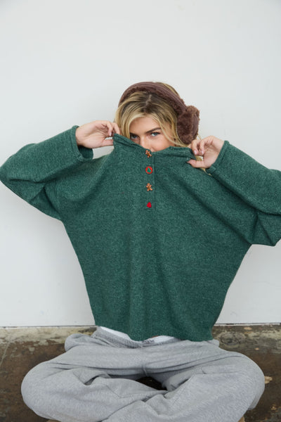 Novelty Holiday Button Henley Pullover Sweater