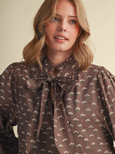 Floral Striped Bow Tying Blouse