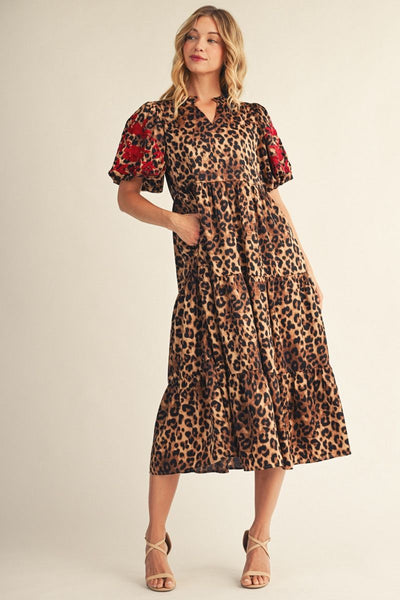 Ellison Leopard V Neck Tiered Dress With Embroidered Sleeves