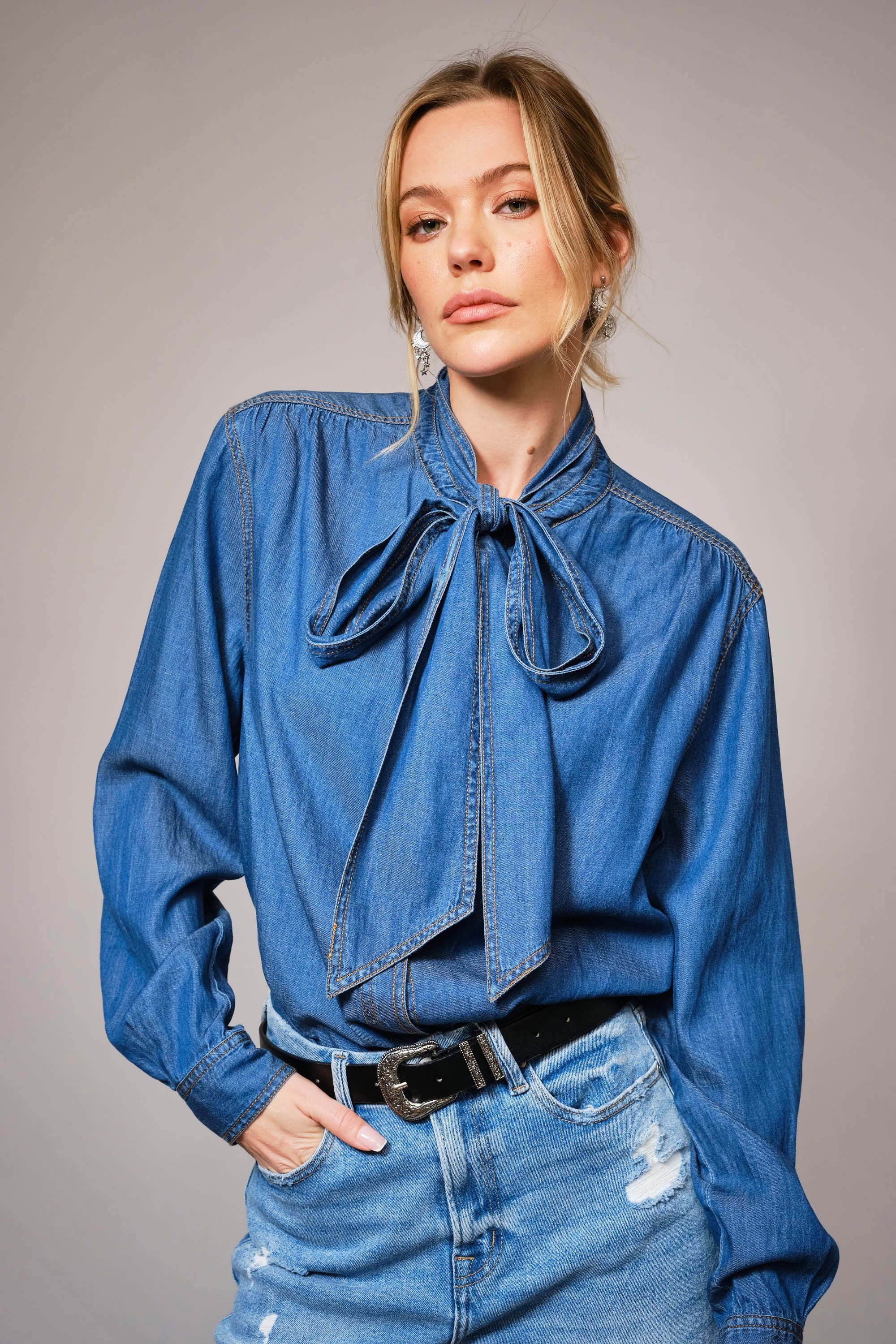 Jill Tie Neck Hidden Button Chambray Blouse