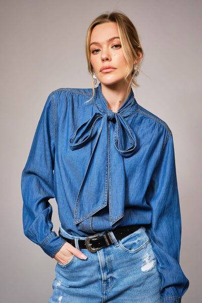 Jill Tie Neck Hidden Button Chambray Blouse