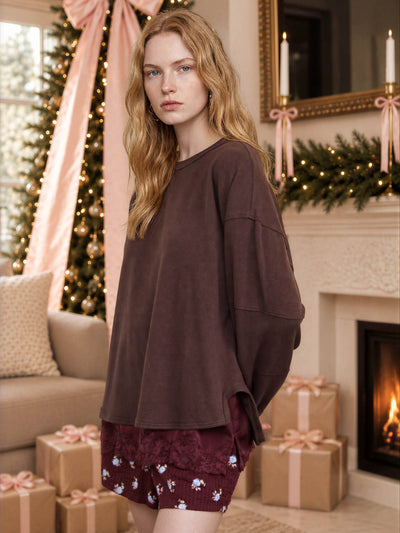 Ribbed Extended Shoulder Boxy Crew Neck Knit Top