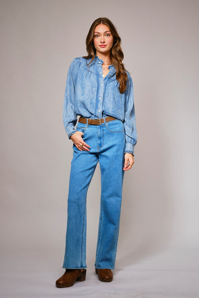 Riley Ruffle Neck Denim Snap Button Shirt