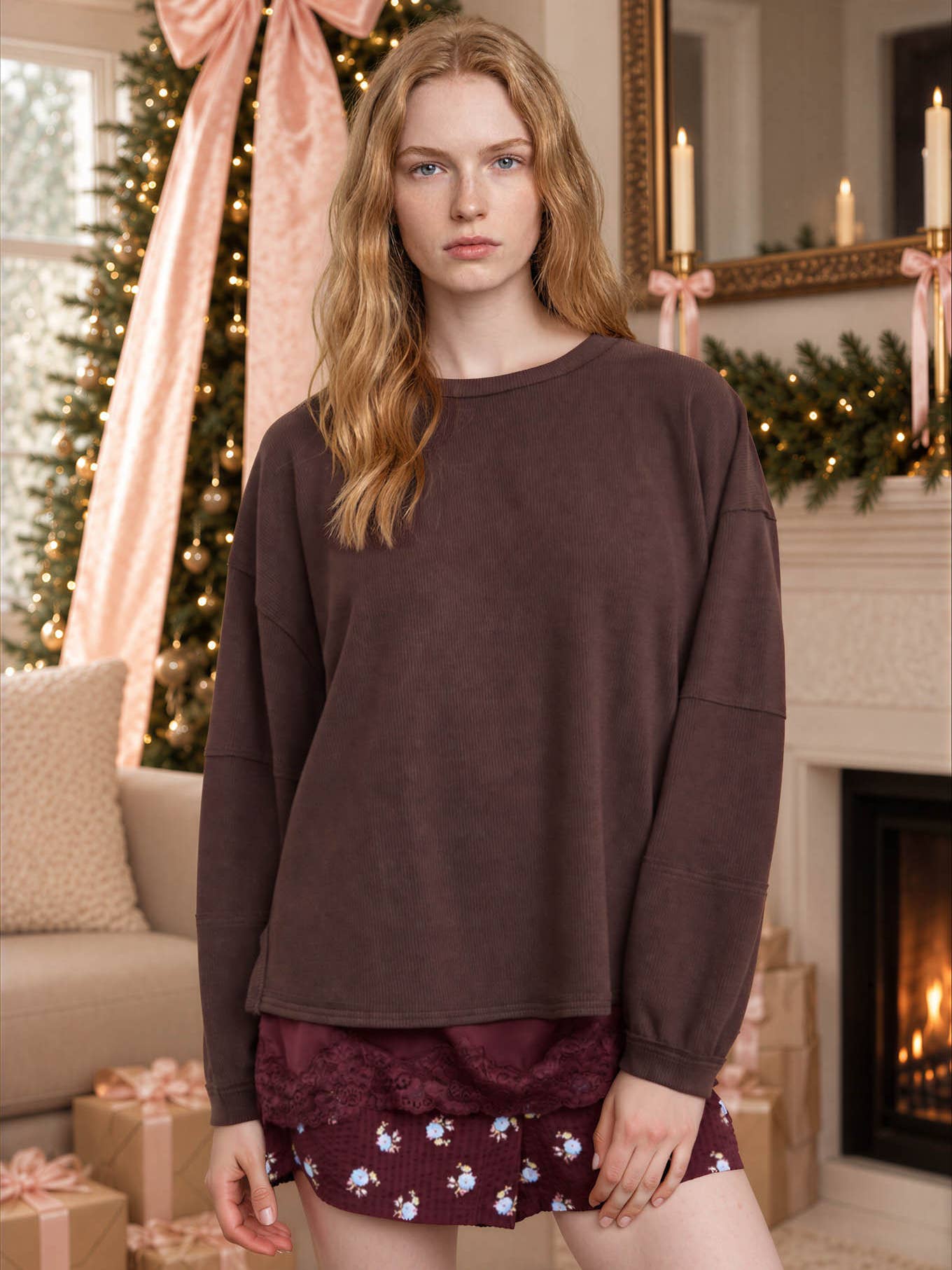 Ribbed Extended Shoulder Boxy Crew Neck Knit Top