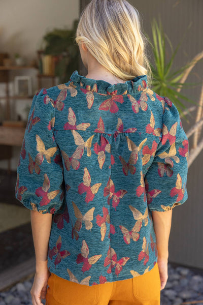 37314 Ruffled V-Neck Butterfly Jacquard Top