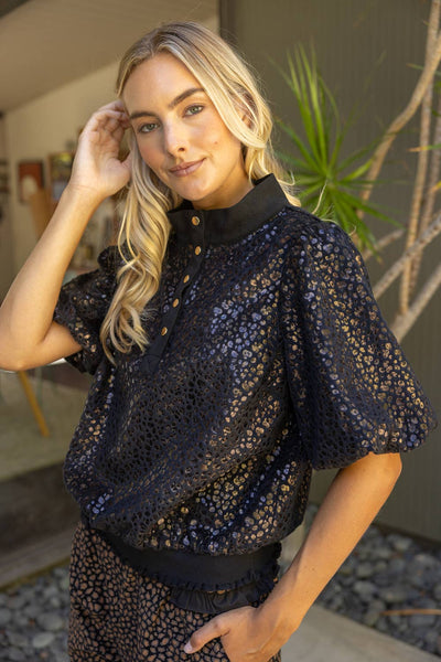 37329 Metallic Animal Print Snap Button Up Top