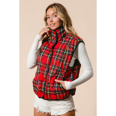 Red Tartan Plaid Puffer Vest