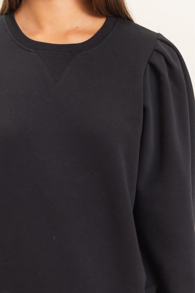 close up of black puff shoulder sweatshirt