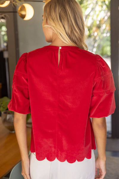 37225 Scalloped Hemline Bubble Sleeve Solid Corduroy Top