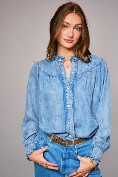 Riley Ruffle Neck Denim Snap Button Shirt