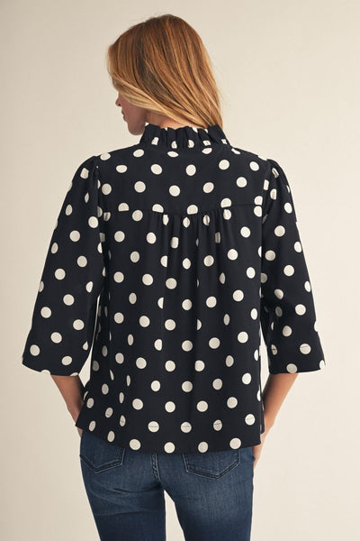 Covington Ruffle Collar V Neck Top - Polka Dots