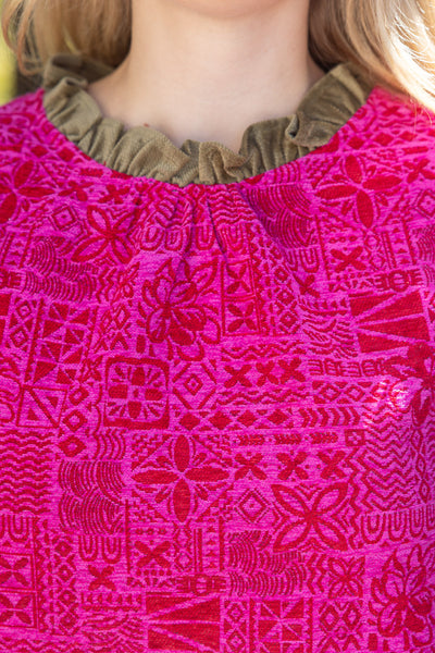 Magenta Puff Sleeve Contrast Ruffle Abstract Printed Top