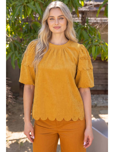 Scalloped Hemline Bubble Sleeve Solid Corduroy Top