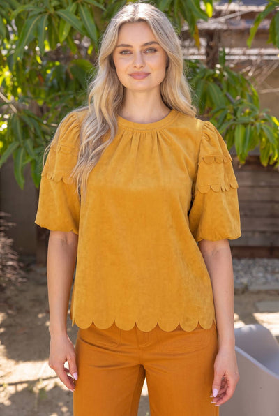 37225 Scalloped Hemline Bubble Sleeve Solid Corduroy Top