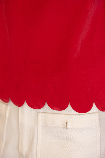 Scalloped Hemline Bubble Sleeve Solid Corduroy Top