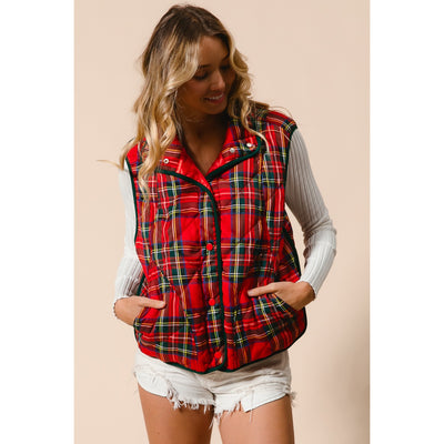 Red Tartan Plaid Puffer Vest