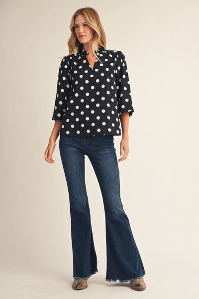 Covington Ruffle Collar V Neck Top - Polka Dots