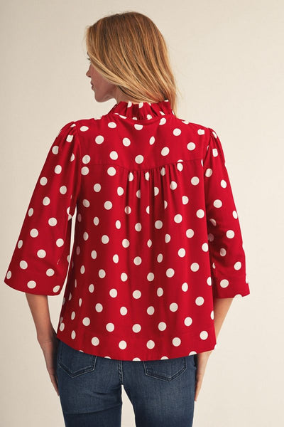 Covington Ruffle Collar V Neck Top - Polka Dots