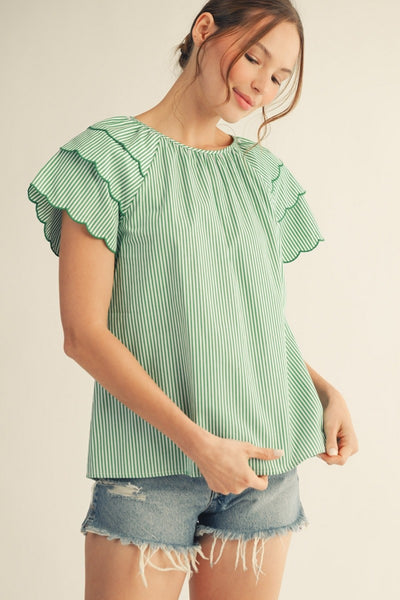 Misty Scallop Sleeve Striped Top