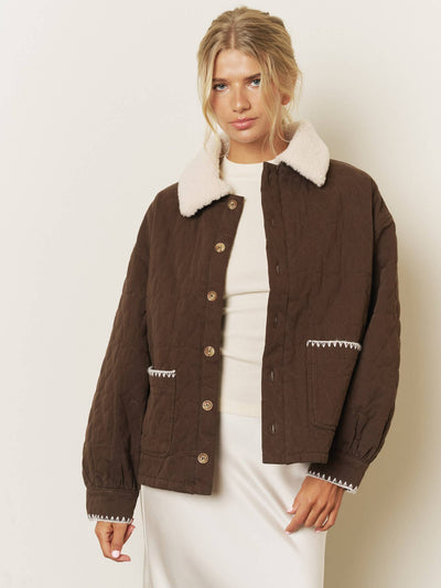 Faux Fur Collar Contrast Trim Quilted Jacket