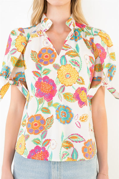 Short Sleeve Floral Pattern V-neck Top