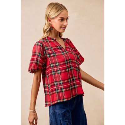 Tartan Plaid Puff Sleeve Blouse