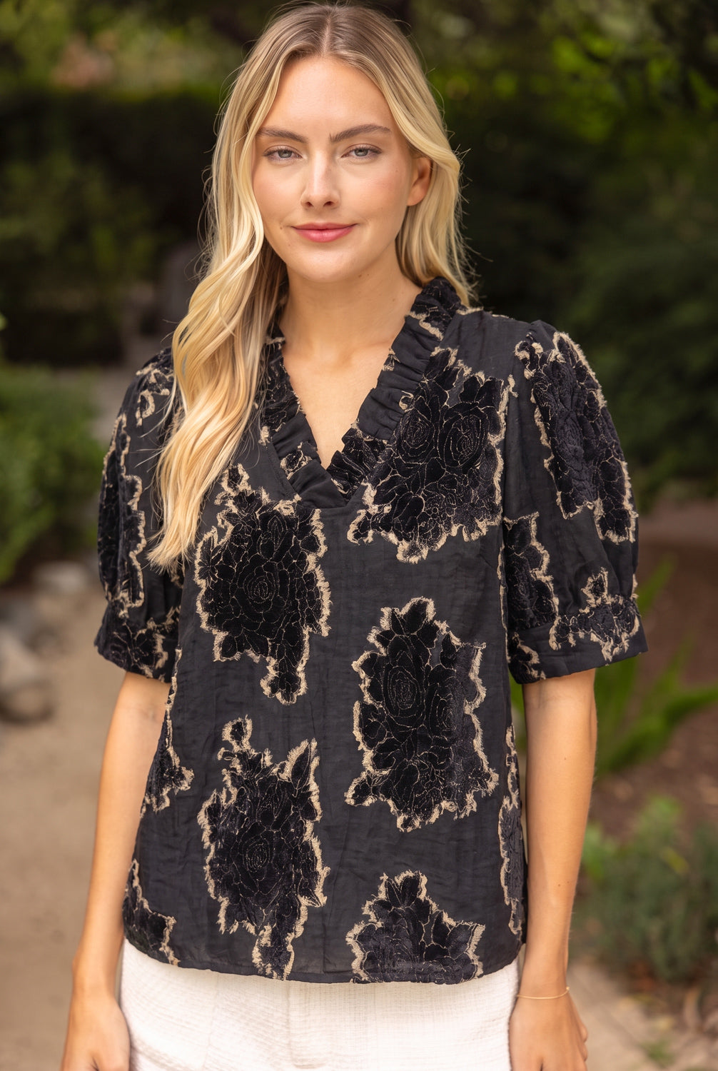 Black Textured Ruffle V Neck Blouse