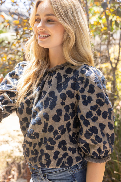 Fringe Detail Textured Animal Print Top