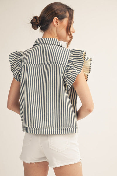 model wearing a blue striped button down top with ruffle sleeves