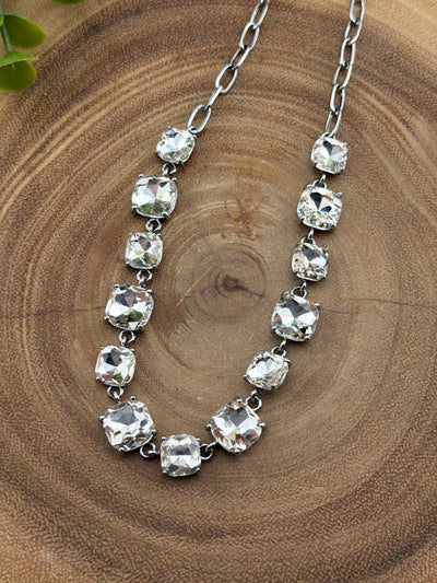 Lincoln Antique Silver Cushion Cut Rhinestone Necklace - Clear