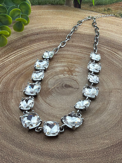 Lincoln Antique Silver Cushion Cut Rhinestone Necklace - Clear